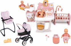 Smoby Set căsuță pentru păpușă cu trei părți și cărucior cu scaun de masă Large Doll´s Play Center Soft Baby Nurse Smoby cu păpușă de 32 cm în salopetă cu sac de dormit (SM220394-4) Papusa