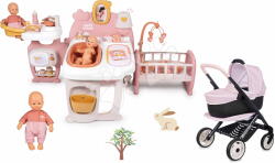 Smoby Set căsuță pentru păpușă cu trei părți și cărucior combinație triplă Large Doll´s Play Center Soft Baby Nurse Smoby adânc sport și pătuț portabul cu păpușă de 32 cm în șalopetă (SM220394-3) Papusa