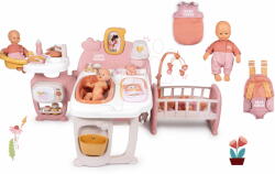 Smoby Set căsuță cu trei părți și păpușă de 32 cm în șalopetă Large Doll´s Play Center Soft Baby Nurse Smoby și sac de dormit cu marsupiu (SM220394-5) Papusa