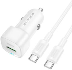 BOROFONE Autós töltő Borofone Cloud (BZ34B) - Type-C kábel mellékelve, Type-C + USB-A, PD20W, QC3.0, Kettős port, 38W, ABS - Fehér