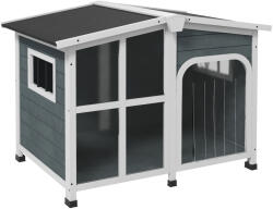 PawHut fa kutyaház védő napellenzővel, ablakkal és összecsukható tetővel, 101x66, 5x70, 5cm, sötétszürke