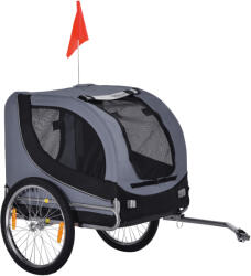 PawHut Közepes Kutya Kerékpár Utánfutó Oldalsó Ablakokkal és Zászlóval, 130x73x90 cm, Szürke és Fekete
