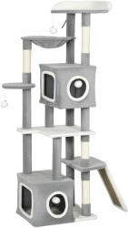 PawHut Macskakaparófa 2 Házikóval, Rámpával, Ülőrudakkal és 4 Labdával, 48x40x165 cm, Szürke és Fehér