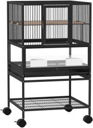 PawHut Madárkalitka alsó polccal, kivehető tállal és ráccsal, acél és PP, 48x46x83 cm, fekete