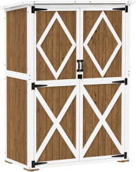 Outsunny Kerti Fészer 2 Polccal, 2 Zárható Ajtóval és Állítható Lábakkal, 116, 5x57x159/167 cm, Barna és Fehér