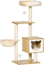 PawHut Macskakaparófa 2 oszloppal, házikóval, függőággyal, ággyal és 2 labdával