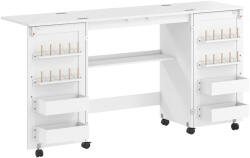 HomCom Összecsukható varróasztal varrógéphez polcokkal, 20 forgóponttal, rögzíthető kerekekkel, fehér