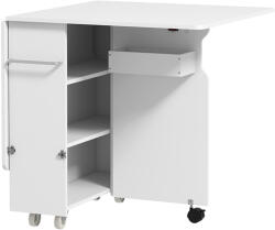 HomCom Összecsukható asztal, Görgős asztal, Összecsukható asztal tárolódobozzal, 3-szintes polcok és állvány, 130x80x76, 5 cm, Fehér
