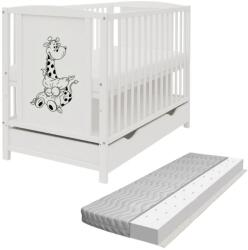 Kidizi Patut din lemn masiv 120x60 cm Bria alb cu sertar si saltea antialergica cu ventilatie Air 120x60x10 cm, reglabil pe 3 nivele, certificat EN71 (3273+5669AIR)