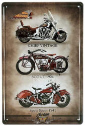 Ezone Vintage Dekor Fémtábla, dombornyomott 'Indian Chief Vintage, Scout 1924, Sport Scout 1941' felirat és 3 különböző Indian Motorkerékpár, retro hangulatú kialakítás, 20x30cm