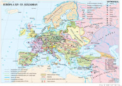 Stiefel Európa a XIV-XV. Században, fóliázott, lécezett (100 x 140 cm) iskolai történelmi falitérkép