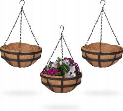 Relaxdays Függő Virágtartó Kosár Kókusz Cserép Szett 3 Db 30x30x65 cm Fekete Barna (129856)