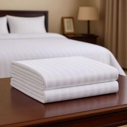 DeLuxe Pucioasa Cearceaf pat damasc hotelier cu dunga 3 cm, 240x260cm, alb