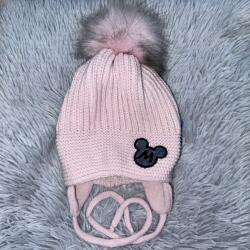 Vastag téli bojtos kötött sapka plüss béléssel, megkötővel - Púderrózsaszín M egérke (44-46 cm)