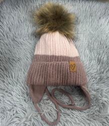  Vastag téli bojtos kötött sapka plüss béléssel, megkötővel - Mályva szív (44-46 cm)