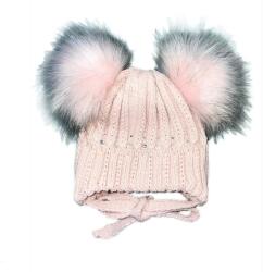  Vastag téli 2 bojtos kötött sapka plüss béléssel, megkötővel - Púderrózsaszín strasszköves (34-36 cm)