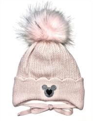  Vastag téli bojtos kötött sapka plüss béléssel, megkötővel - Púderrózsaszín ezüst szív egérke (40-42 cm)
