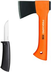 Fiskars készlet, X5 kis kemping fejsze - XXS + Kés tokba épített élezővel (121123+156016)
