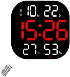 VTM Digitális asztali és falióra piros LED fénnyel, Stopper, Naptár, Hőmérséklet, Ébresztő, Hőmérő, Szundi funkció, Állítható fényerő, 32x32cm (FRZ-Ceas32cmRosu)