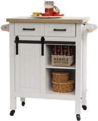  Fehér gurulós konyhasziget 90x40 cm - mobil zsúrkocsi fiókokkal, polcokkal és tolóajtós tároló szekrénnyel, fa konyhai pult, rusztikus kiegészítő bútor konyhába vagy étkezőbe