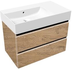 Hatria Set mobilier baie (masca suspendata cu 2 sertare si lavoar) Hatria Bahia 13 asimetric 80x47 cm, cu un orificiu pentru baterie, crem (chestnut oak) (bhd800465011ts4)