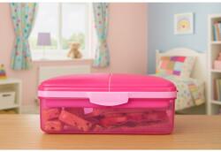 Sistema Lunch Quaddie 1, 5 l-es osztott uzsonnásdoboz 3 zsanéros rekesszel a fedélben és egy ivópalackkal, rózsaszín