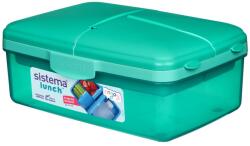 Sistema Lunch Quaddie 1, 5 l-es osztott uzsonnásdoboz 3 zsanéros rekesszel a fedélben és egy kulacs, menta színű