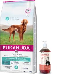 EUKANUBA Eukanuba Daily Care Adult Sensitive Digestion 12 kg + ab-V 100% lazacolaj minden korú kutyák és macskák számára 1000 ml hidegen sajtolt