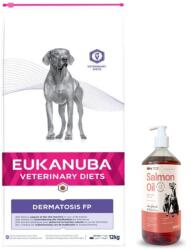 EUKANUBA Eukanuba Dermatosis FP 12 kg + Lab-V 100% lazacolaj minden korú kutyák és macskák számára 1000 ml hidegen sajtolt