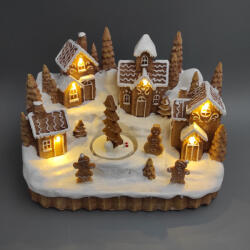  Dioráma mézeskalács falu mozgó fenyővel, LED-es poly 24, 5x16x16, 3cm barna, fehér