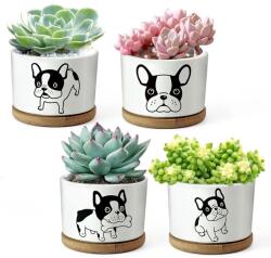  Virágtartó 4 db 8 cm fehér agyagból, kutya motívummal (HT027)