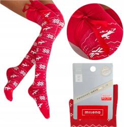 Milena Női Karácsonyi Norvég Térdzokni Milena Szalaggal, Piros (ZAKOLANÓWKI DAMSKIE ŚWIĄTECZNE NORWESKIE)