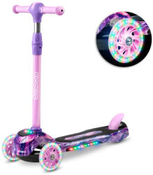 RicoKids Háromkerekű roller, Ricokids Piko, rózsaszín, lila mintás, LED világítás a kerekekben és a fellépőben, állítható magasságú kormány, balanszos irányítás, EN 71, max. 35 kg (TE765013)