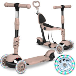 RicoKids Háromkerekű roller, Ricokids Todi, bézs, 3 az 1-ben, LED világítás a kerekekben, állítható magasságú kormány és ülés, balanszos irányítás, EN 71, max. 30 kg teherbírás, levehető üléssel és tolórúddal 