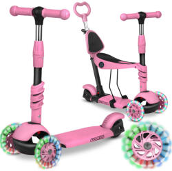 RicoKids Háromkerekű roller, Ricokids Todi, rózsaszín, 3 az 1-ben, LED világítás a kerekekben, állítható magasságú kormány és ülés, balanszos irányítás, EN 71, max. 30 kg teherbírás, levehető üléssel és tolórú
