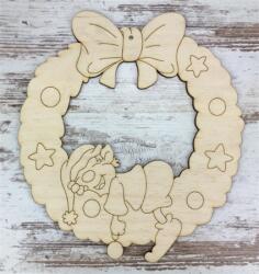  Fa karika, koszorú alap, manóval és masnival, 22cm natúr (5534)