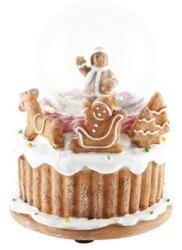  Rázógömb mézeskalács figurával, szánnal LED-es poly, üveg 9x9x11, 2 cm barna, fehér (AST7219)