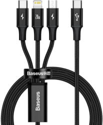 USB Type-C töltő- és adatkábel 3in1, USB Type-C, Lightning, microUSB, 150 cm, 20W, törésgátlóval, gyorstöltés, cipőfűző minta, Baseus Rapid, CAMLT-SC01, fekete