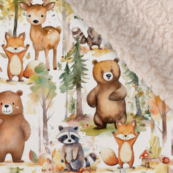 Takoy Téli softshell ekrü báránybundával erdei állatok kalandjai - az anyag hosszában nyomtatott minta