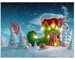  Karácsonyi Fotós Háttér 210x150 Cm Manó Házikó Téli Tájkép Vinyl (11-979)