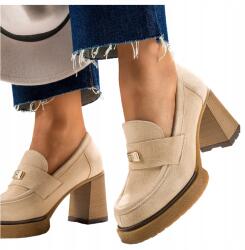 Casu Bézs Bőr Női Mokaszin Divatos Arany Díszítés Széles Építőkockán R 39 (7082820000395)