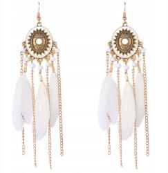 Modeus Fülbevaló fehér arany lógó hosszú boho tollak (GB-9)