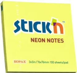 Hopax Notes autoadeziv 76 x 76 mm, 100 file, Stick'n - galben neon (HO-21133)