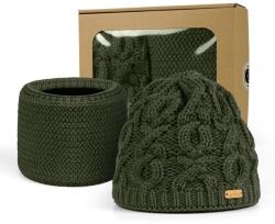Bontis Ajándékcsomag: Női kötött mintás sapka és körsál - Olív (gift-set-XI-olive-green)