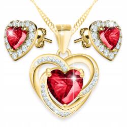Larezo Arany szív nyaklánc és arany fülbevaló szett piros szív Ezüst 925 (komplet biżuteri srebrnej z czerwonym oczkiem)