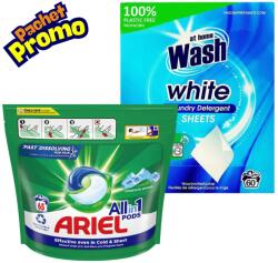  PROMO Ariel Detergent Capsule 65 buc + GRATIS At Home Detergent de rufe benzi-foi 30 buc White