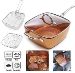Razo Set Tigaie Multifunctionala cu capac 5 in 1 Razo , cu Suprafata Non Aderenta, Mânere inox si reci, Copper, Friteuza, Pentru Cuptor, Sita Pentru Prajit, Gratar Pentru Abur, Temperatura pana la 260°C (R