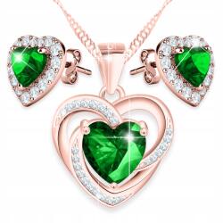 Larezo Aranyozott Nyaklánc és Fülbevaló Szett Zöld Szív Strassz Ezüst 925 (komplet biżuterii srebrnej z zielona cyrkonia)