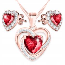 Larezo Aranyozott Nyaklánc és Fülbevaló Szett Piros Szív Strassz Ezüst 925 (komplet biżuterii srebrnej rubinowe serduszko)
