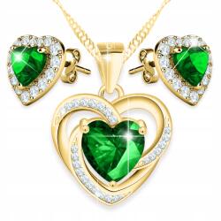 Larezo Arany Nyaklánc szett Szív és Arany Fülbevaló Zöld Szív Love Ezüst 925 (komplet biżuterii srebrnej z zielonym oczkiem)